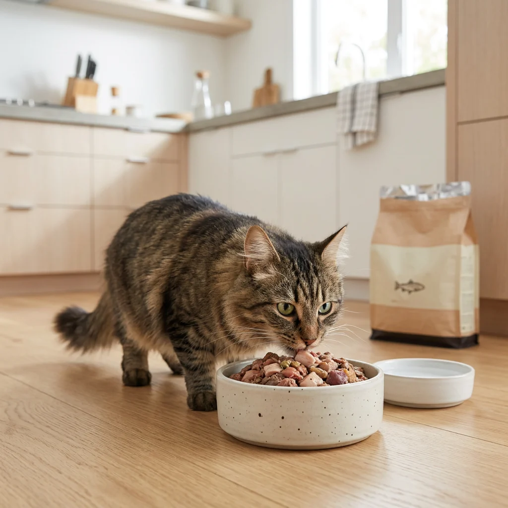 kass sööb lihatoitu